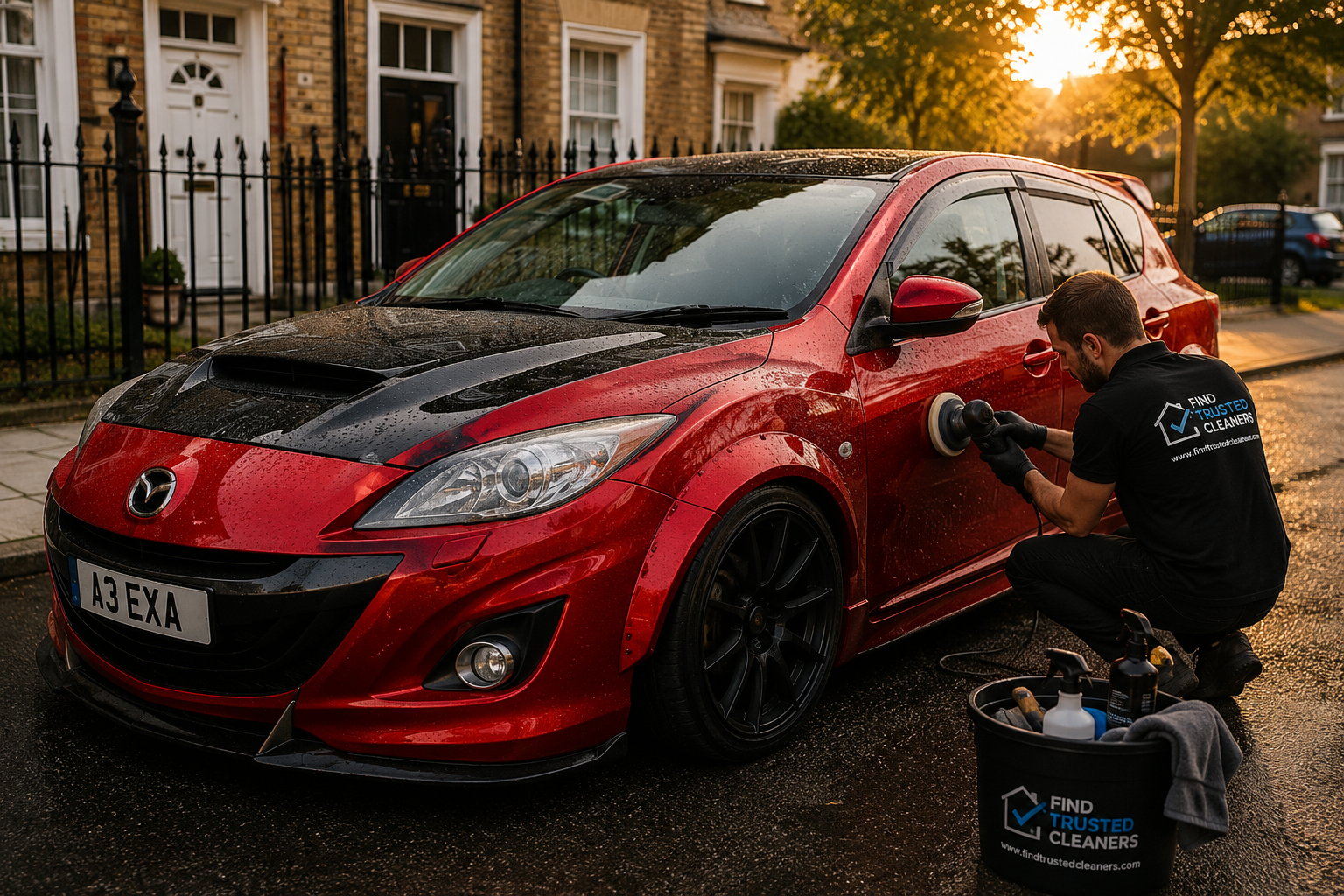Red modified car with black bonnet being polished outdoors during a professional detailing service