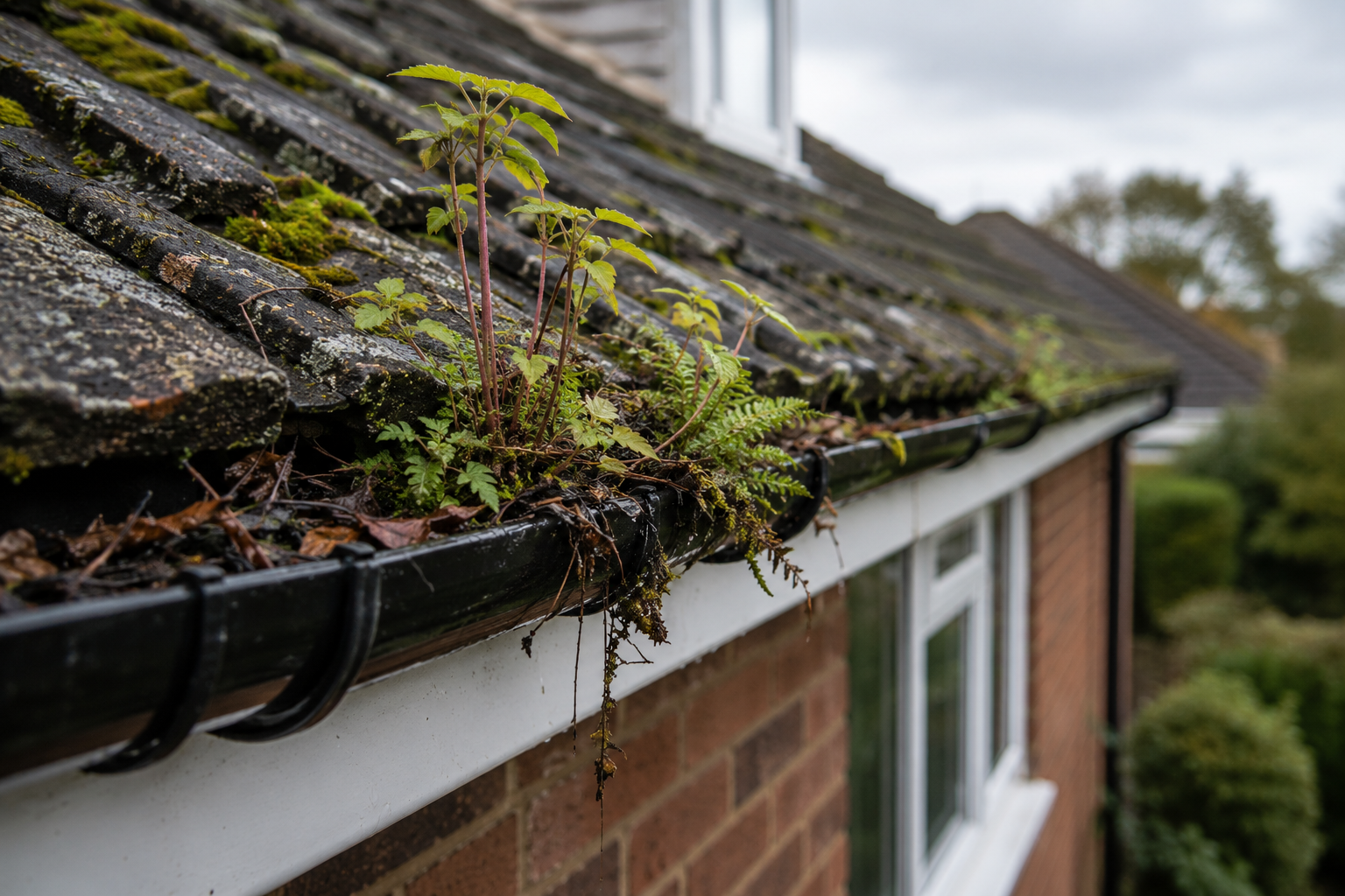Plants and moss growing from blocked gutters on a UK house