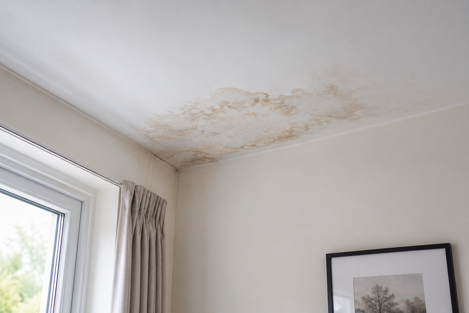 Damp ceiling patch caused by blocked gutters and roof drainage problems
