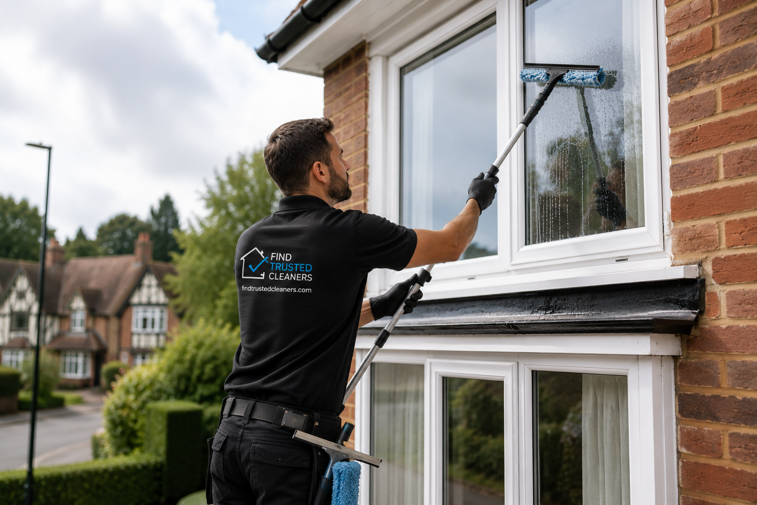 Professional window cleaner cleaning exterior windows on a home in East Grinstead