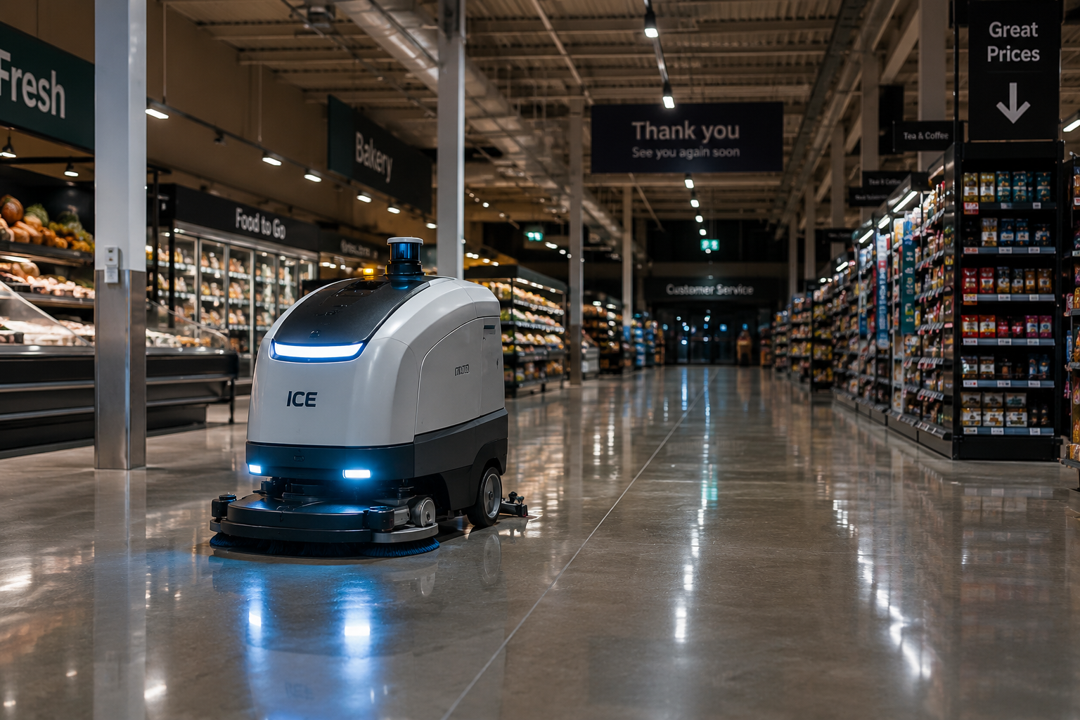 Autonomous floor cleaning robot operating in a UK supermarket environment