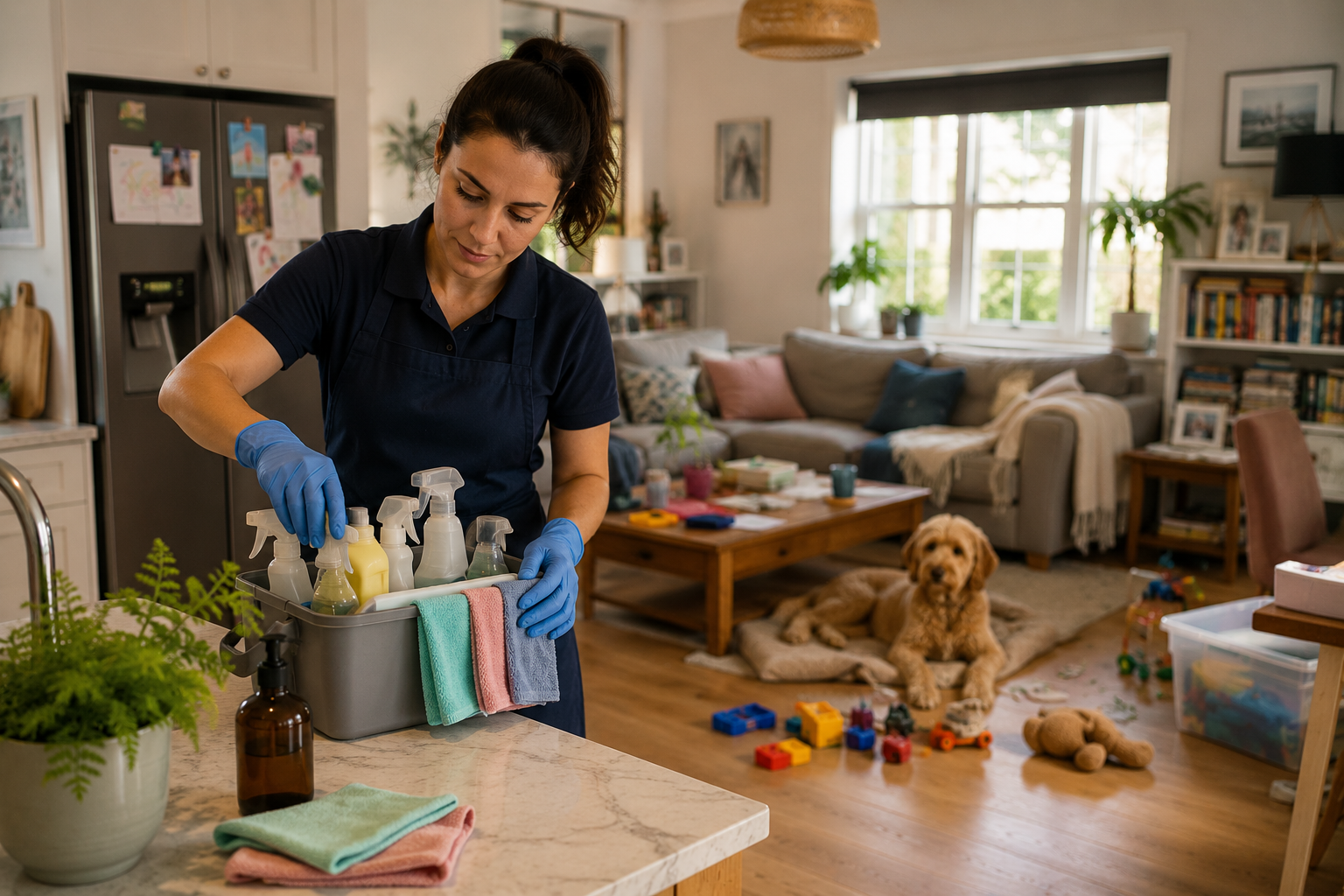 Domestic cleaner working inside a realistic busy family home environment