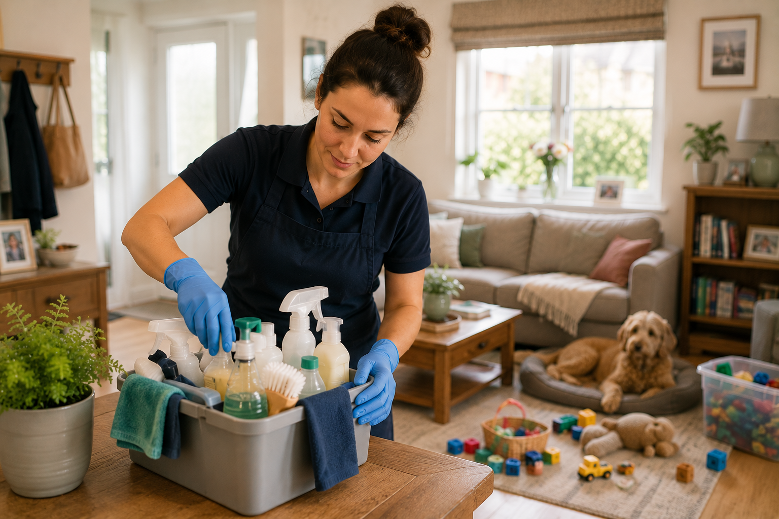 Domestic cleaner organising supplies inside a busy family home in Burgess Hill