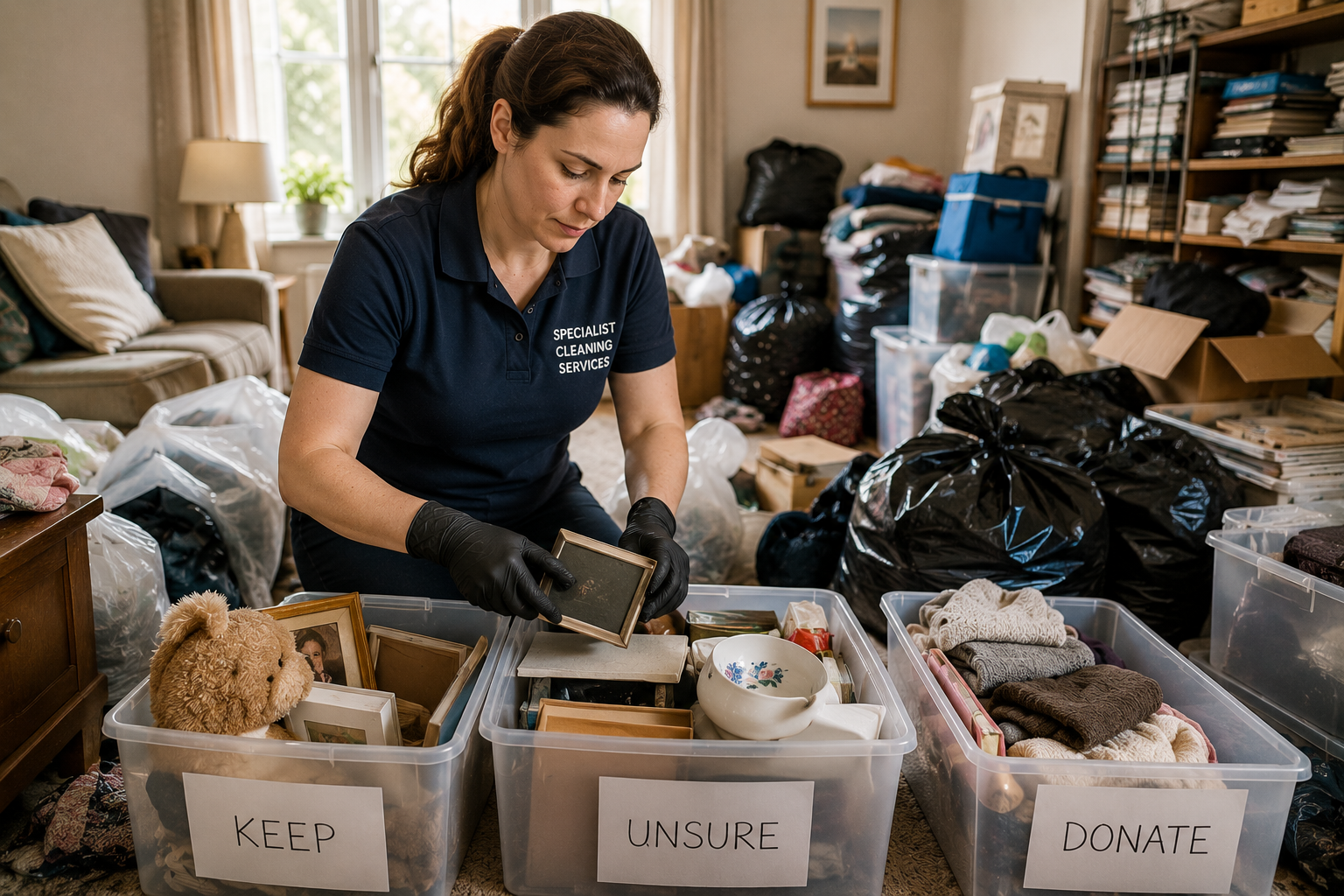 Specialist cleaner sorting belongings carefully inside an overwhelmed home