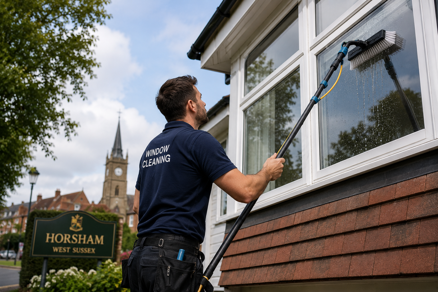 Window cleaner using a water-fed pole system in Horsham