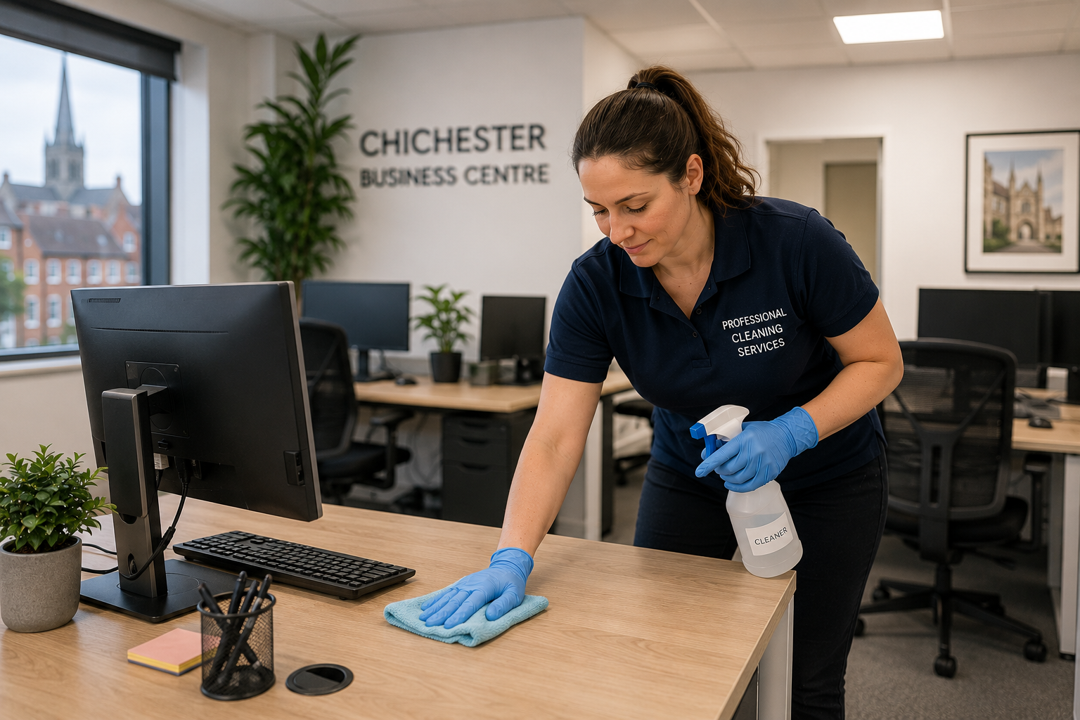 Office cleaner sanitising desks inside a modern Chichester office