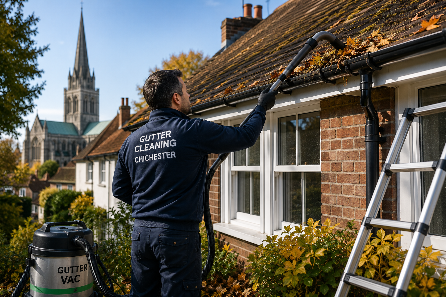 Gutter cleaning service clearing autumn debris from a property in Chichester