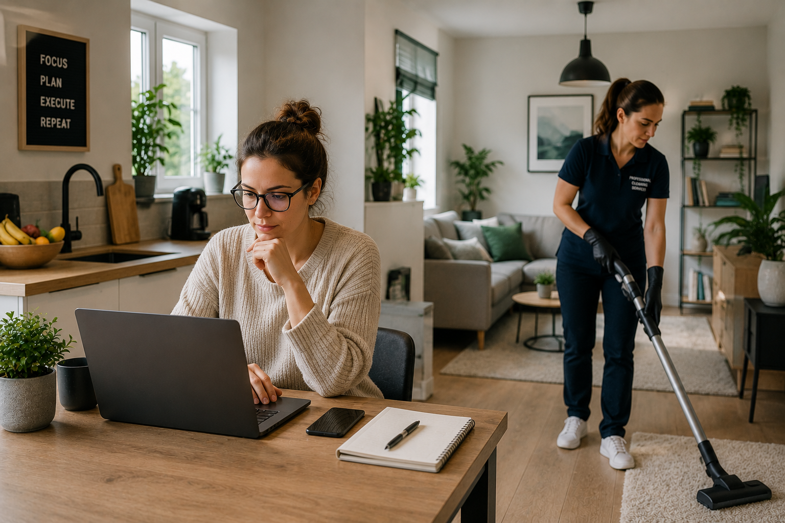 Cleaner working in a hybrid-working household