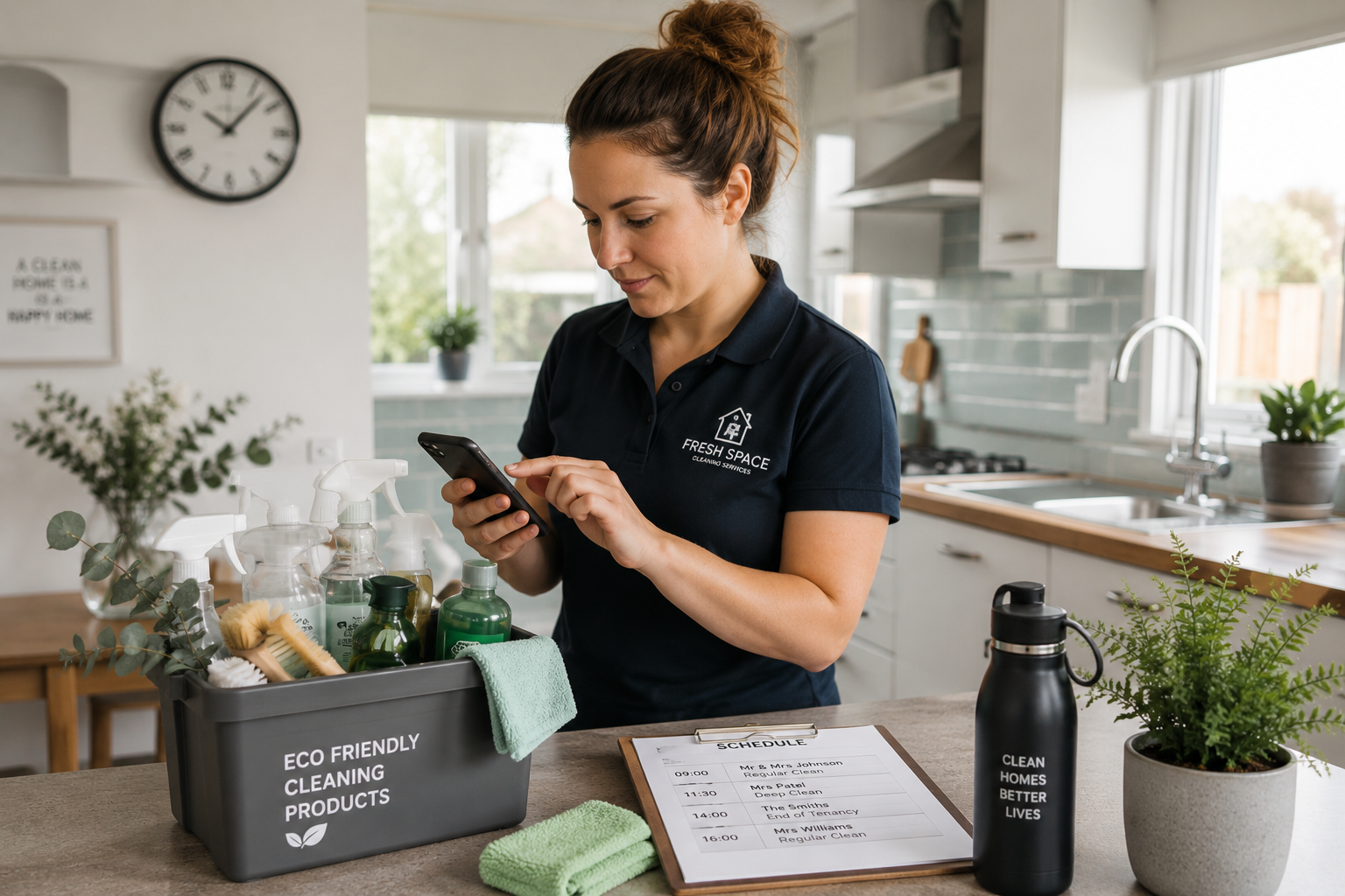 Self-employed domestic cleaner preparing cleaning supplies beside a small hatchback outside a UK home