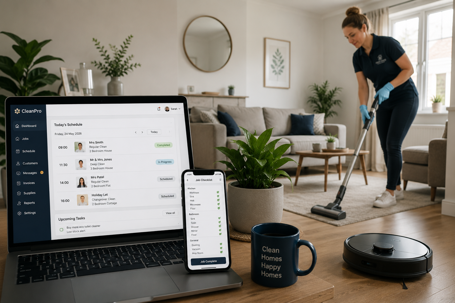Smart cleaning technology with robotic vacuum, scheduling dashboard and domestic cleaner working in a UK home