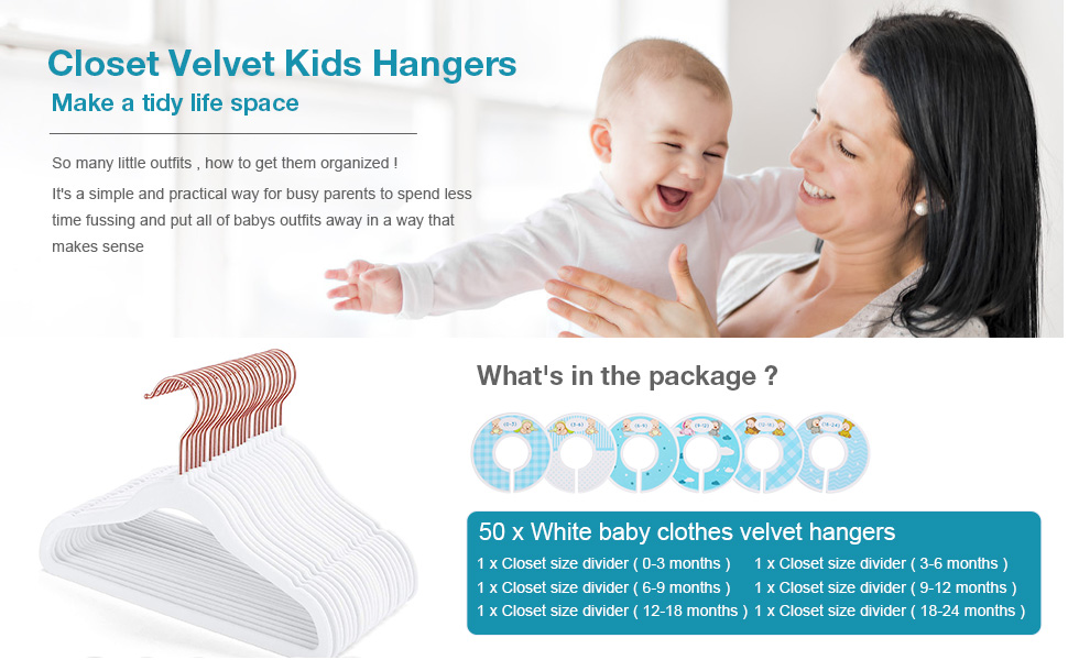 Acstep Kids Hangers for Closet 50 Pack, 11.4 inch Baby Clothes Velvet Toddler Hangers with 6 Pcs Closet Dividers - White