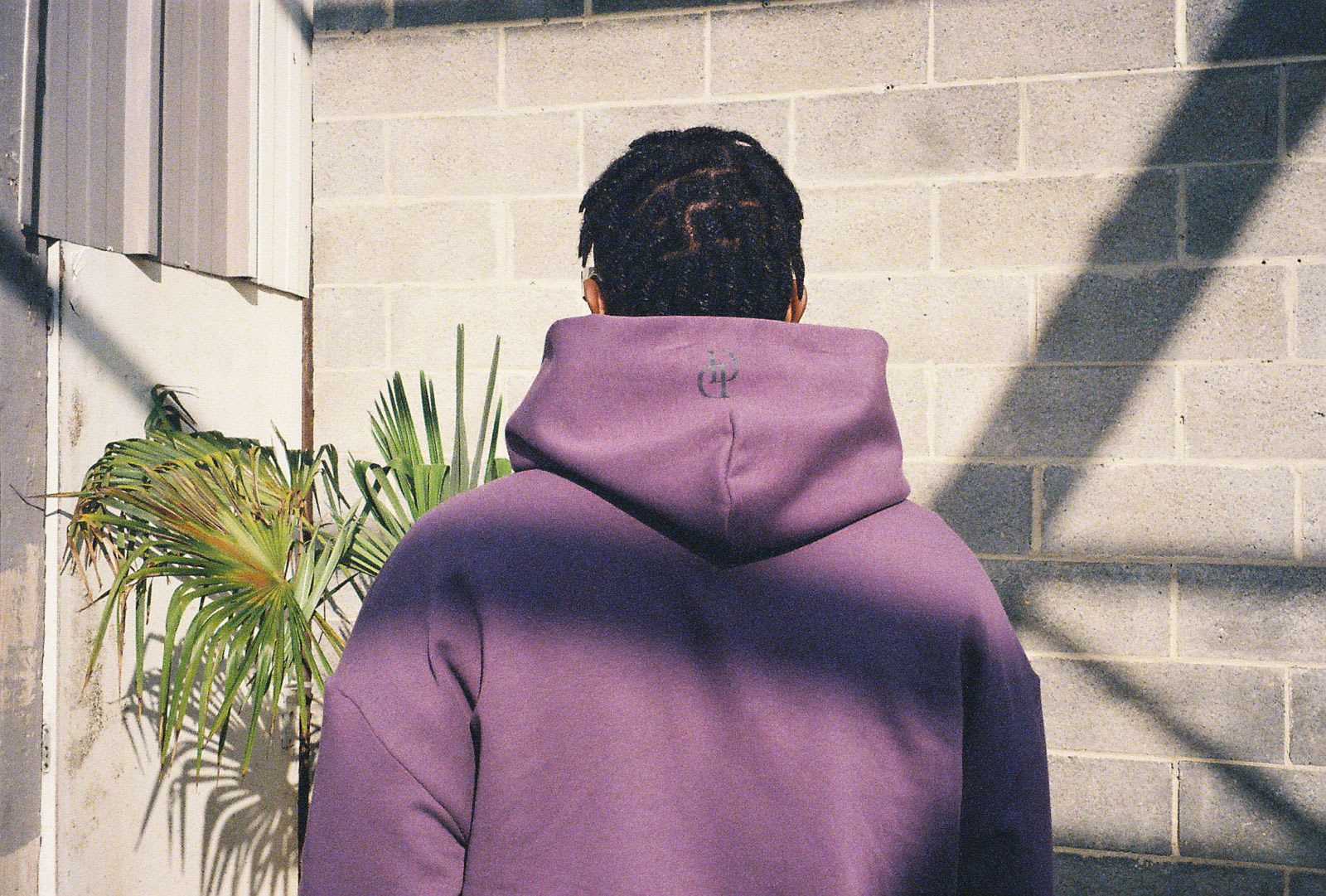 From behind: purple hoodie and braids facing a sunlit cinderblock wall, palm leaves at the edge