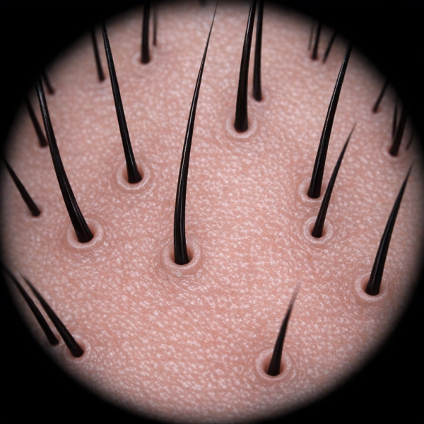 Scalp under a dermoscope after: clean open follicles, same hair density