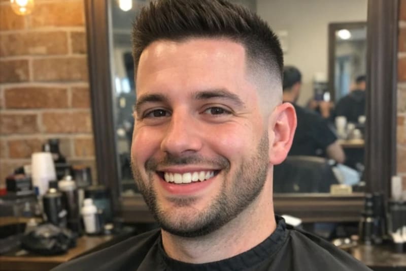 In the barber chair, clean cape