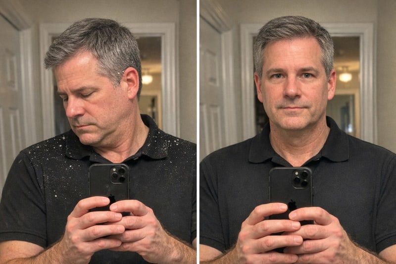 The black polo, week 0 and week 4, his hallway mirror