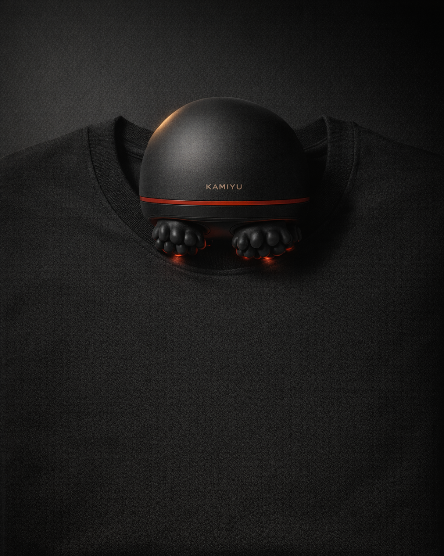 The black KAMIYU Scalp Cleaner on a clean black t-shirt
