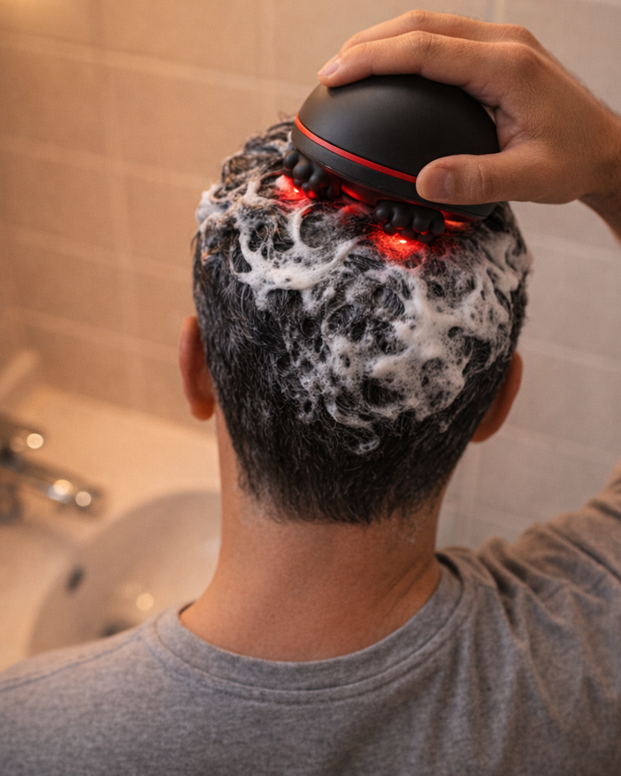The Scalp Cleaner kneading a lathered scalp in the shower