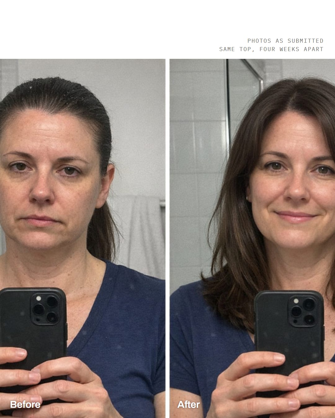 Before and after, same mirror: greasy roots in a ponytail on the left, hair down and clean on the right