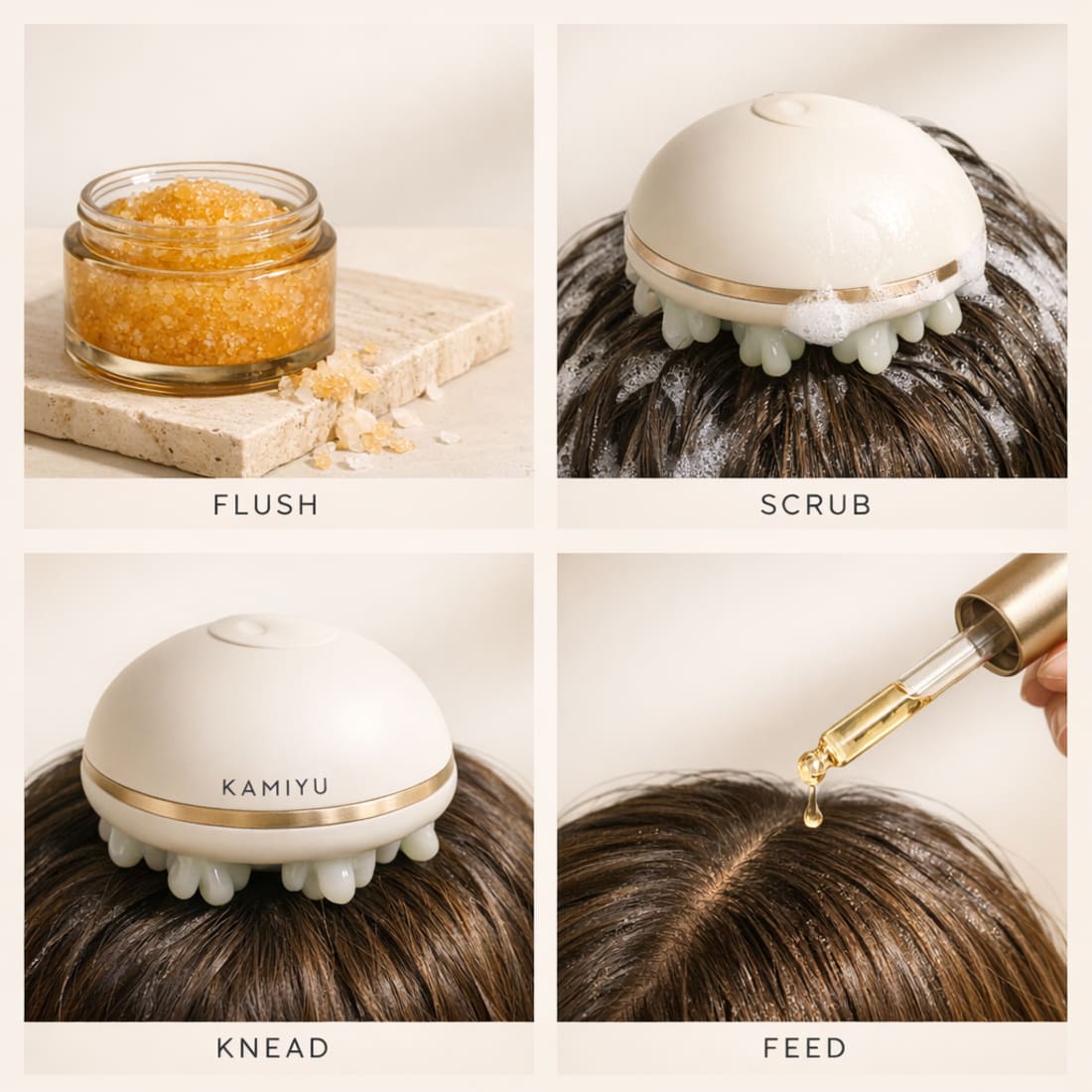 The four salon steps: flush, scrub, knead, feed