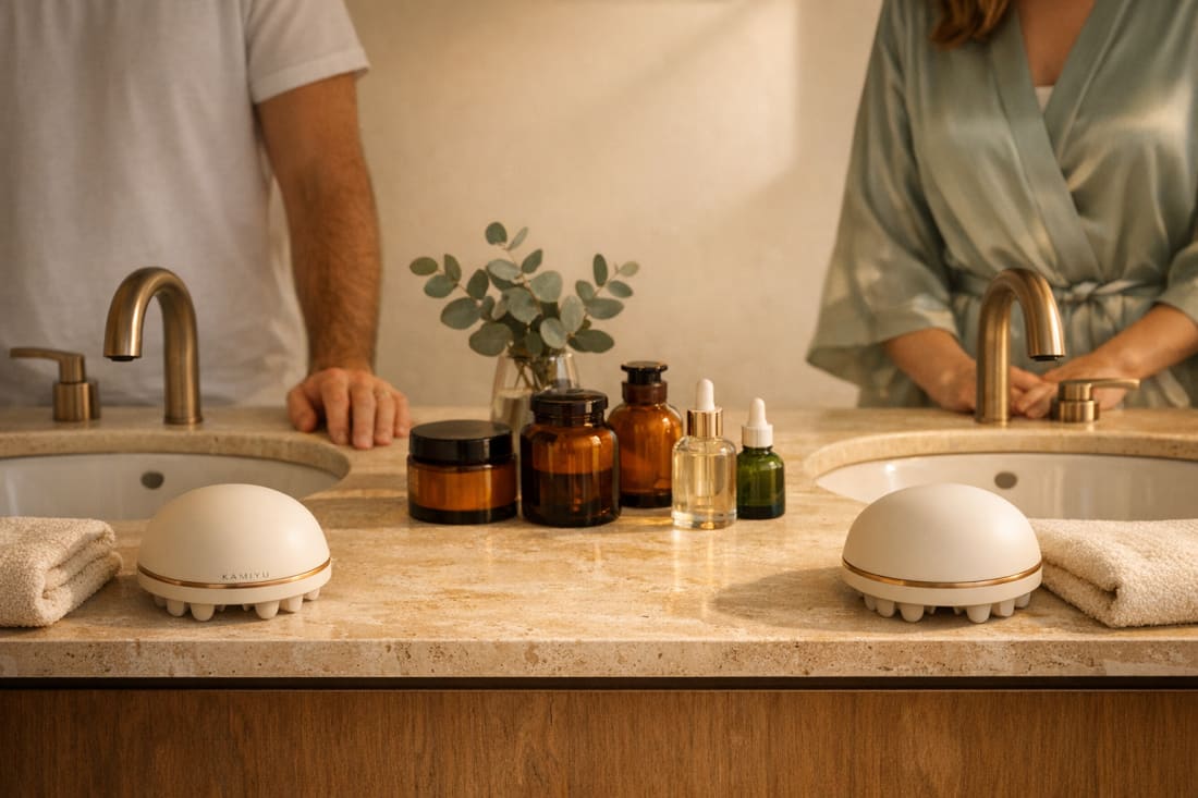 The ritual at home, on both sides of the vanity