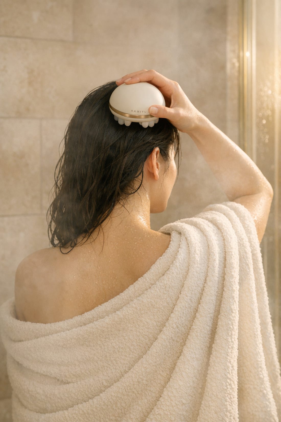 The Kamiyu device in use, inside the shower you already take