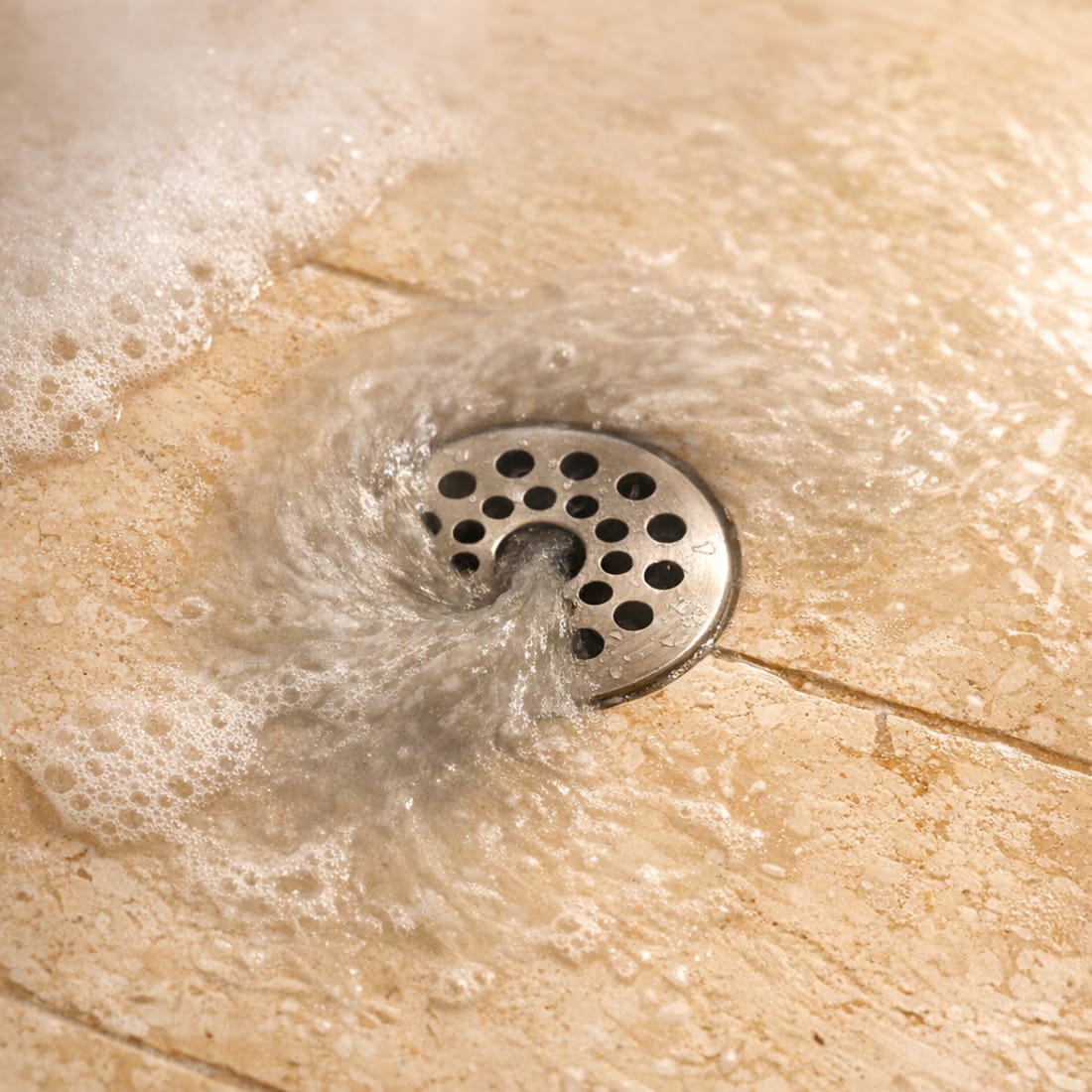 The first flush: rinse water running grey toward the drain