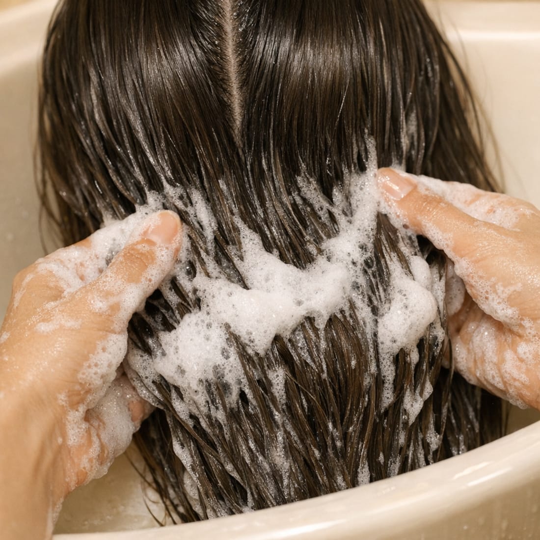 Shampoo lathered through the strands while the scalp stays untouched