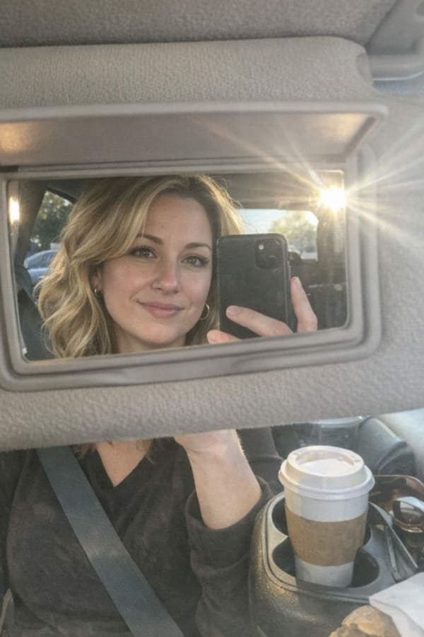 Kayla’s day-three blowout, car mirror