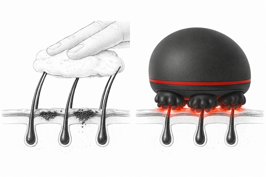 Left: fingers glide over hair. Right: nodes reach the scalp at the follicle opening.