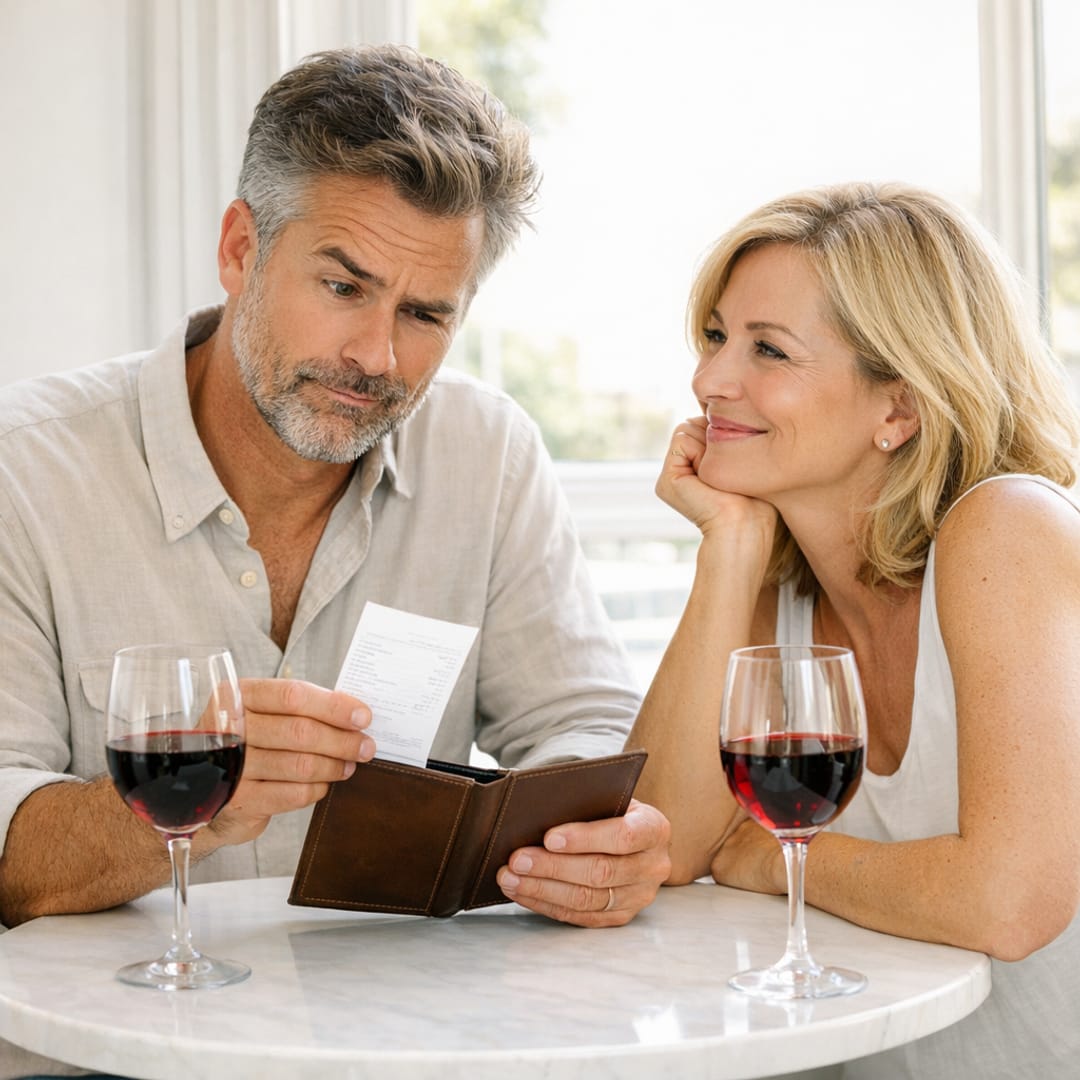 A couple looks at the restaurant bill