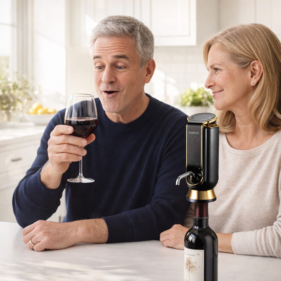 His face on the first sip, she watches
