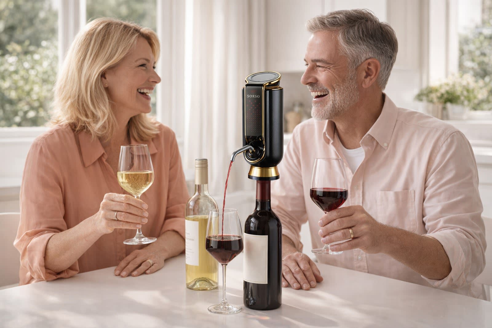 A couple with a glass of white and a glass of red, both bottles open on the table