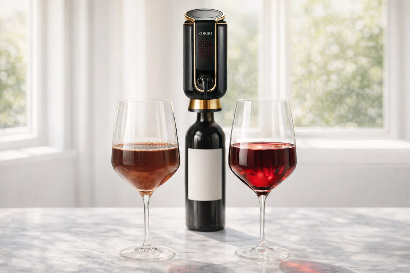 Two glasses of red wine, one flat from a corked bottle and one bright from a Sorso sealed bottle