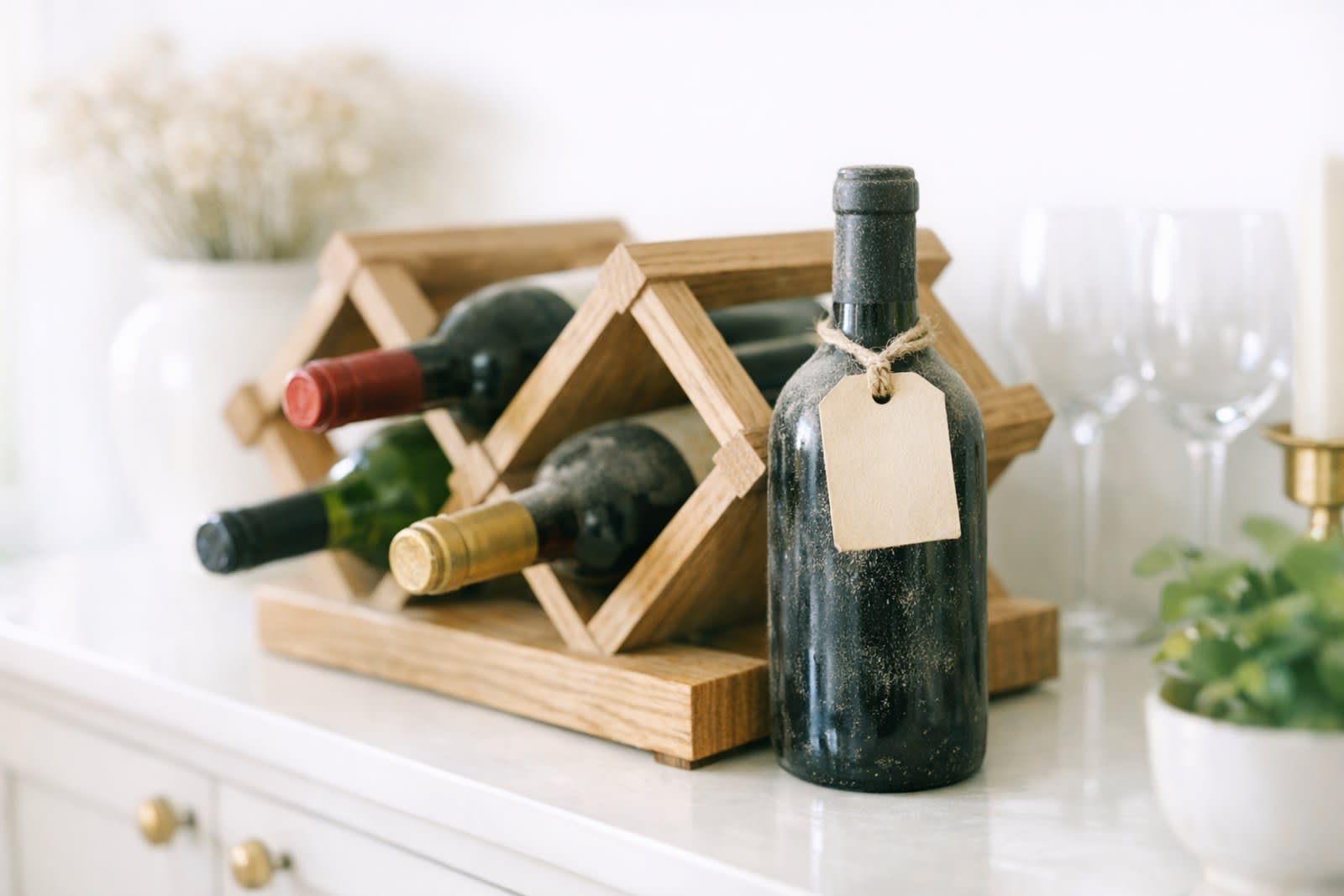 A dusty gift bottle waiting in a wine rack