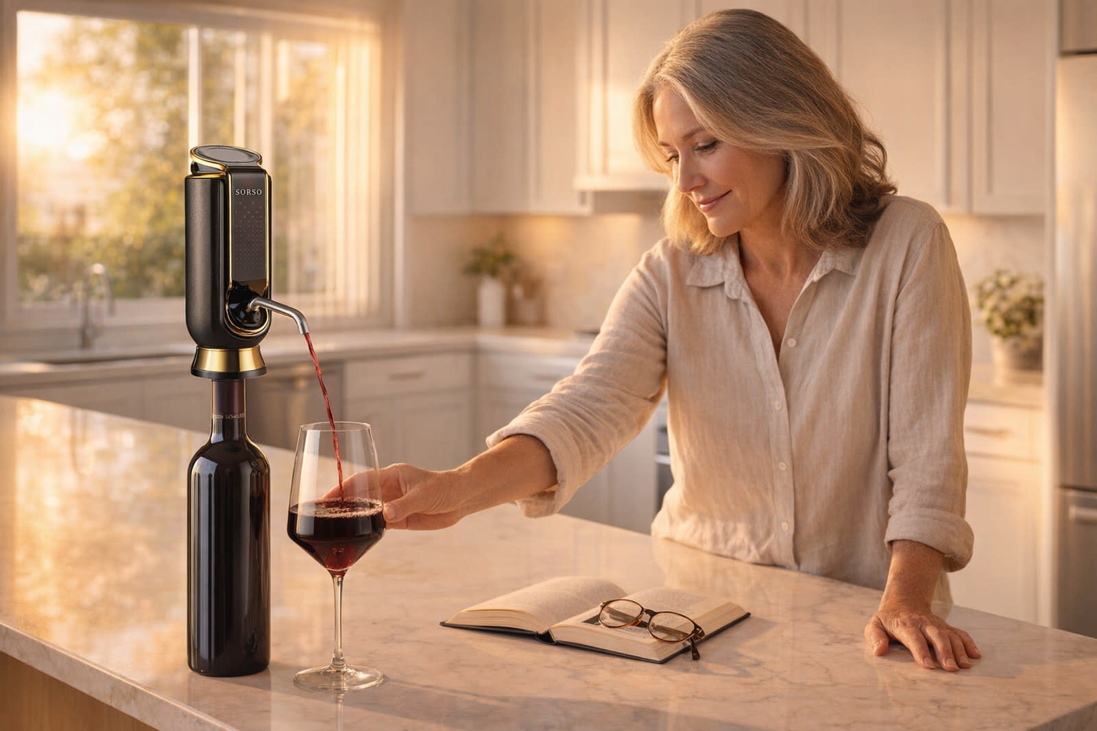 One glass of red wine poured through Sorso at a kitchen island