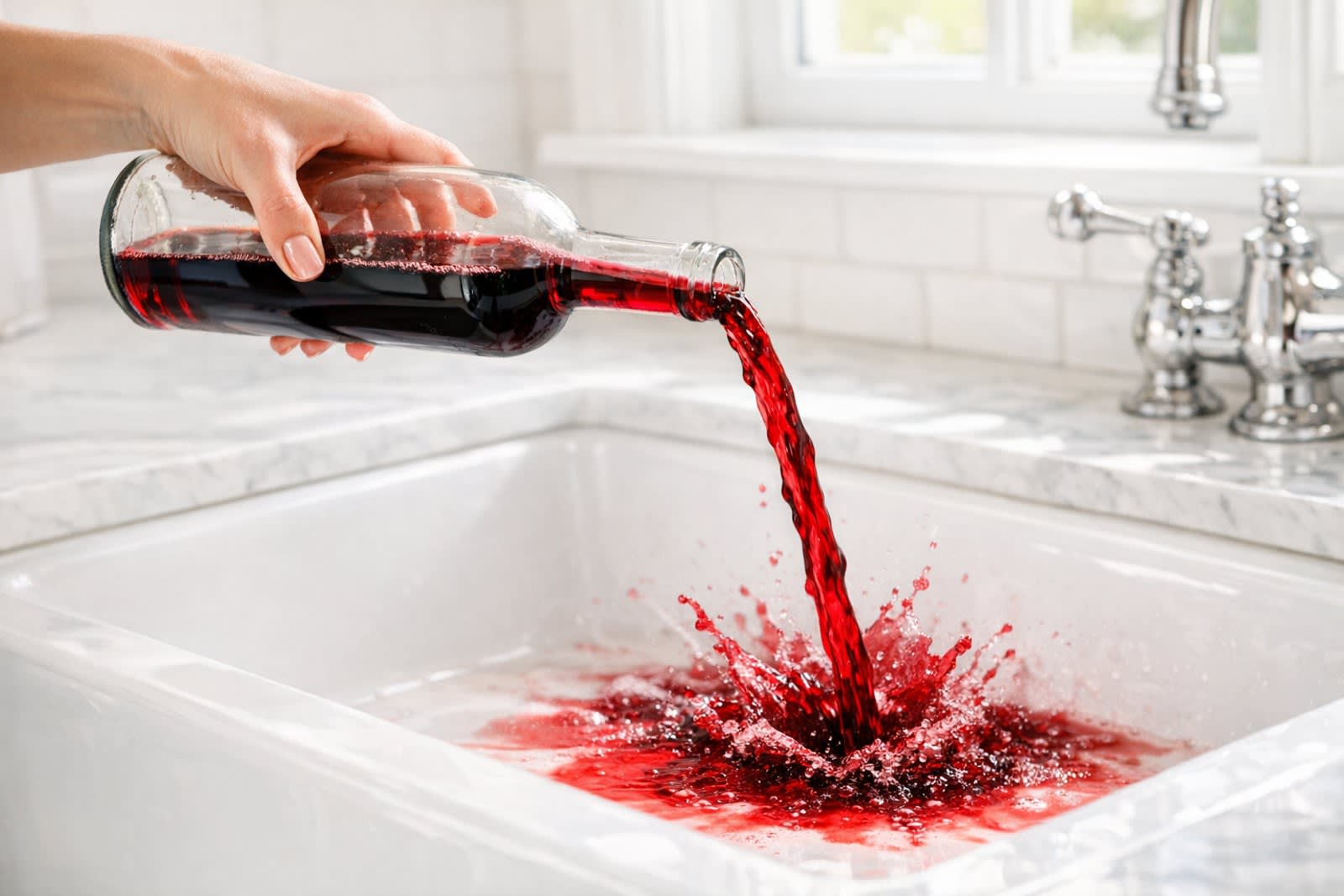 Half a bottle of red wine being poured down a kitchen sink
