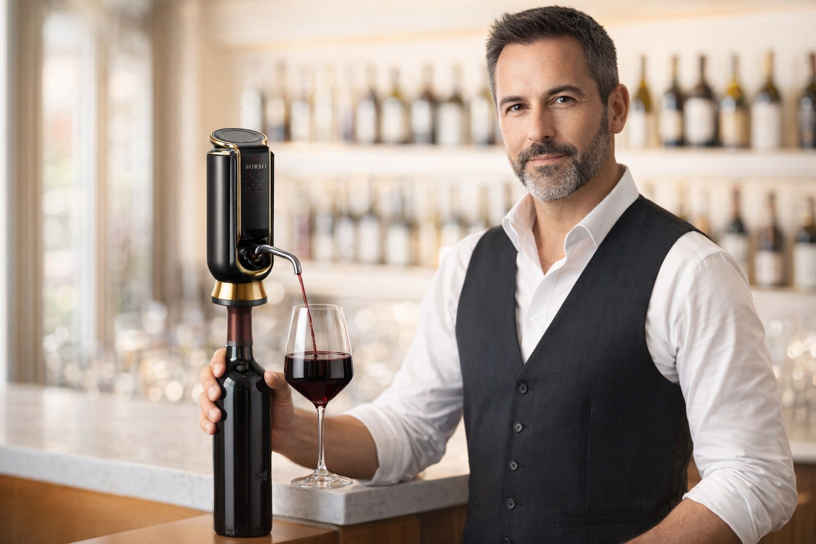 A sommelier holding a Sorso bottle at a restaurant bar