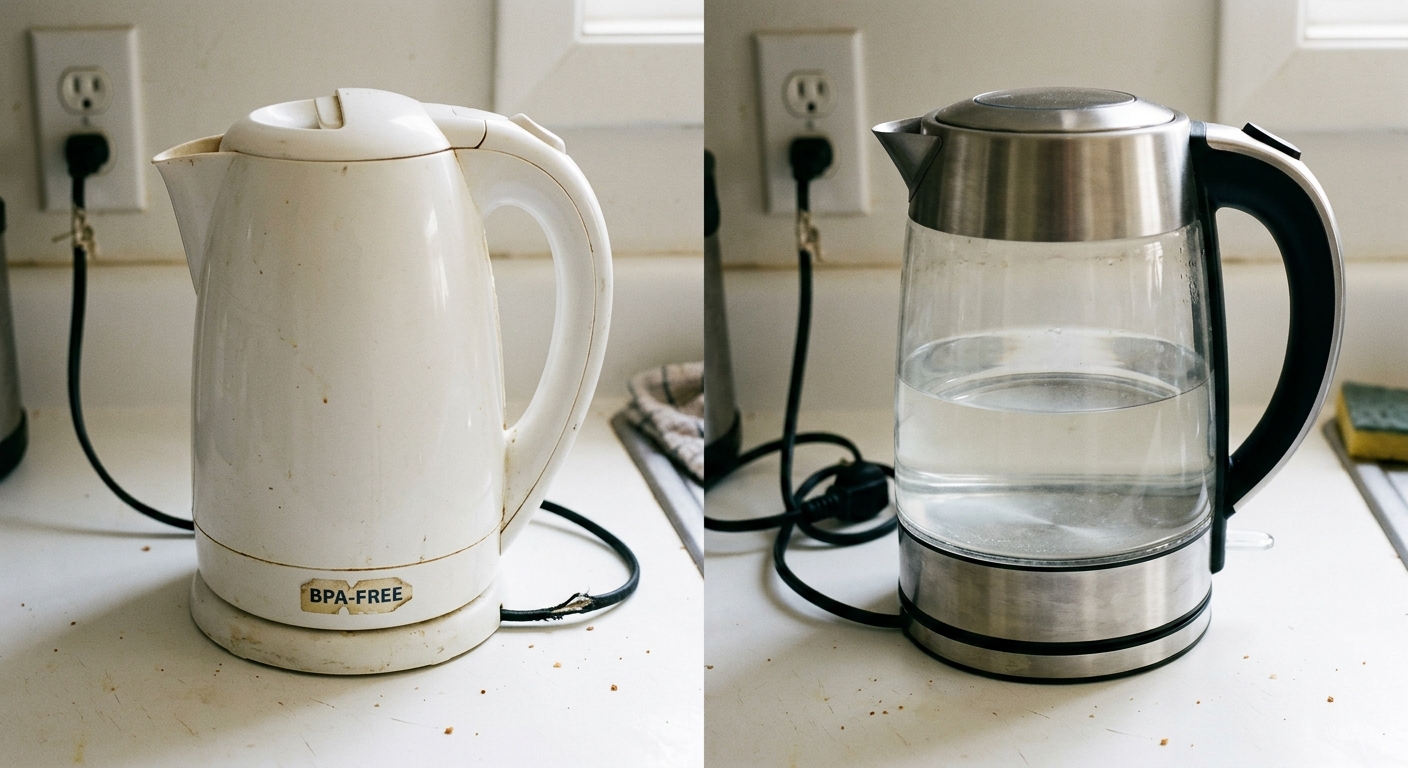 Side-by-side on a real kitchen counter: a basic glass kettle with visible plastic lid and plastic base components on the left, and a clean glass-and-steel brewing station on the right, natural window light, wide medium shot, clinical and comparative. No studio. No white background. No product photography aesthetic.