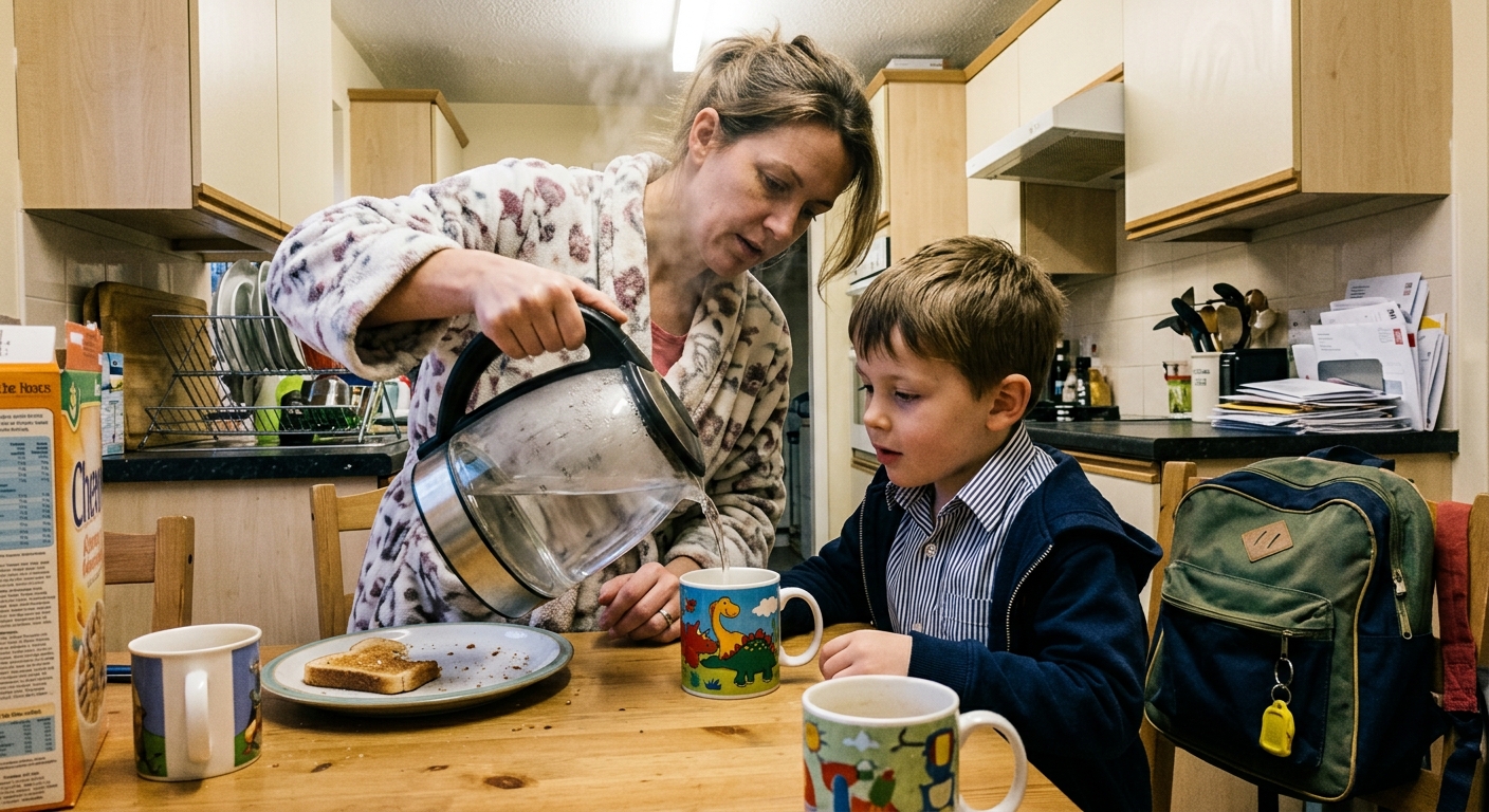 A parent's hands pouring steaming water from a plastic kettle into a child's mug with a cartoon on it, a small child visible in soft focus in the background at a kitchen table, warm morning light, medium shot, the emotional weight of an ordinary moment that now feels wrong. No studio. No posed family portrait. No cheerful colors.