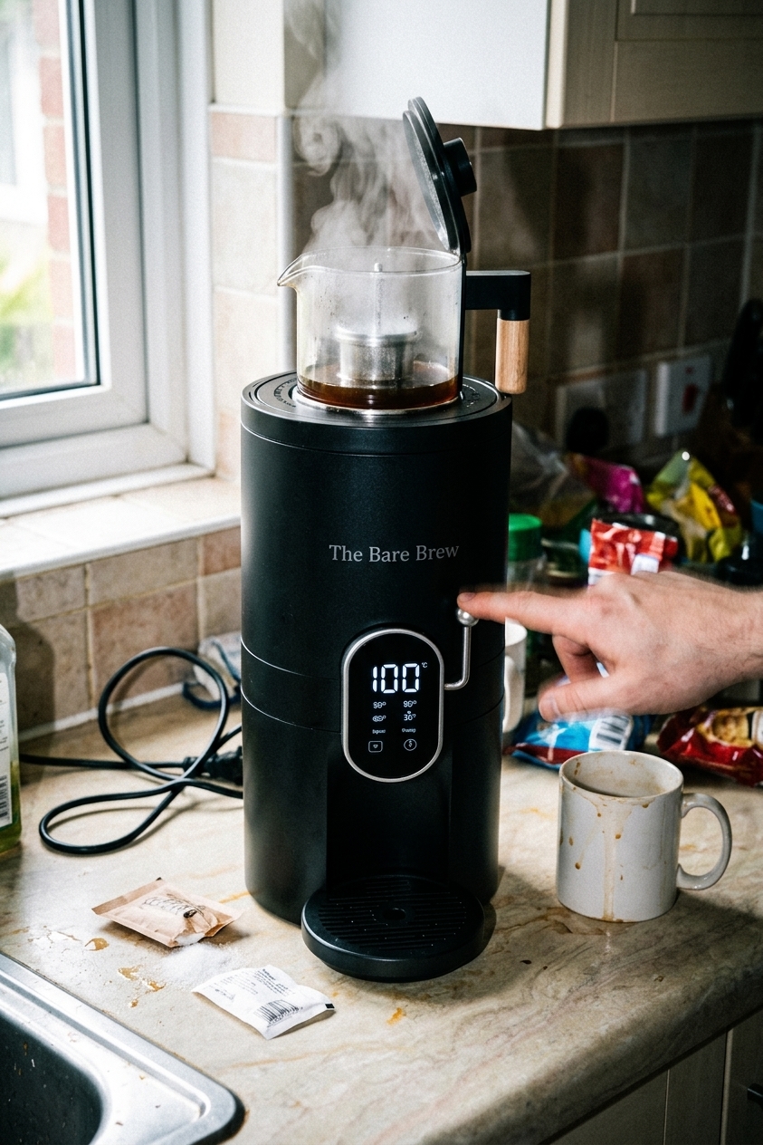 A person in their 30s or 40s standing at a clean kitchen counter, holding a glass brewing station up to morning light, expression calm and satisfied, real home kitchen with visible counter details, natural window light, medium shot, warm and resolved. No studio. No commercial photography. No posed smile.