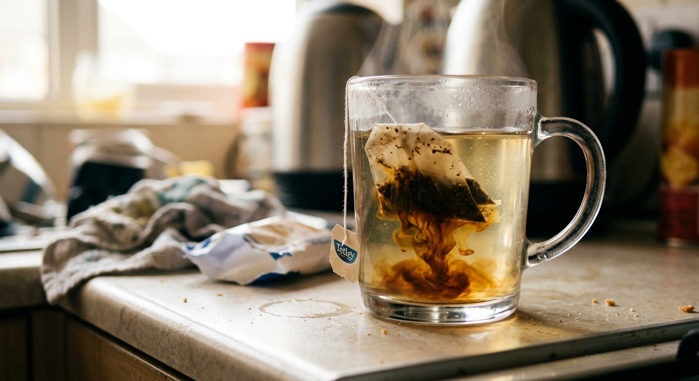 Close-up of a standard plastic tea bag steeping in a clear glass mug of hot water, the bag visibly releasing color into the water, steam rising, natural morning window light, medium close-up, unsettling and clinical. No studio. No cheerful tea-time aesthetic. No posed hands.