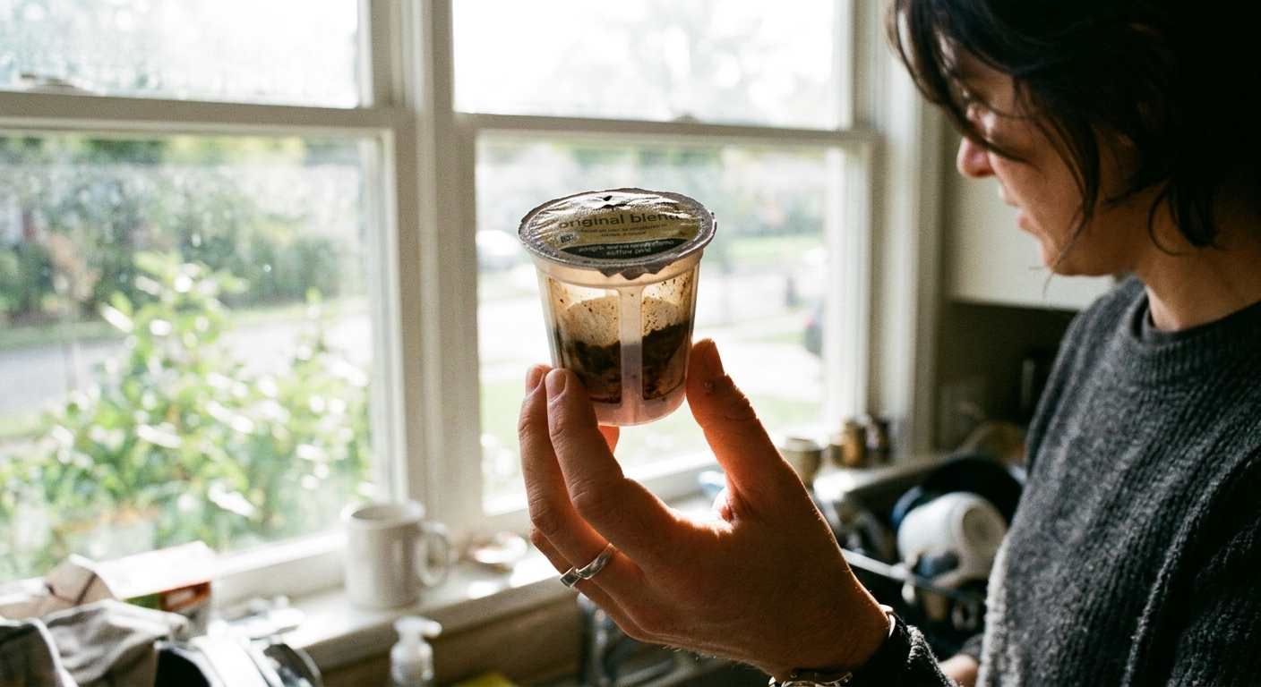 A person holding a glass of water up to window light, examining it, expression thoughtful and slightly unsettled, real apartment kitchen background, natural window light, medium close-up, documentary register. No studio. No posed expression. No stock model.