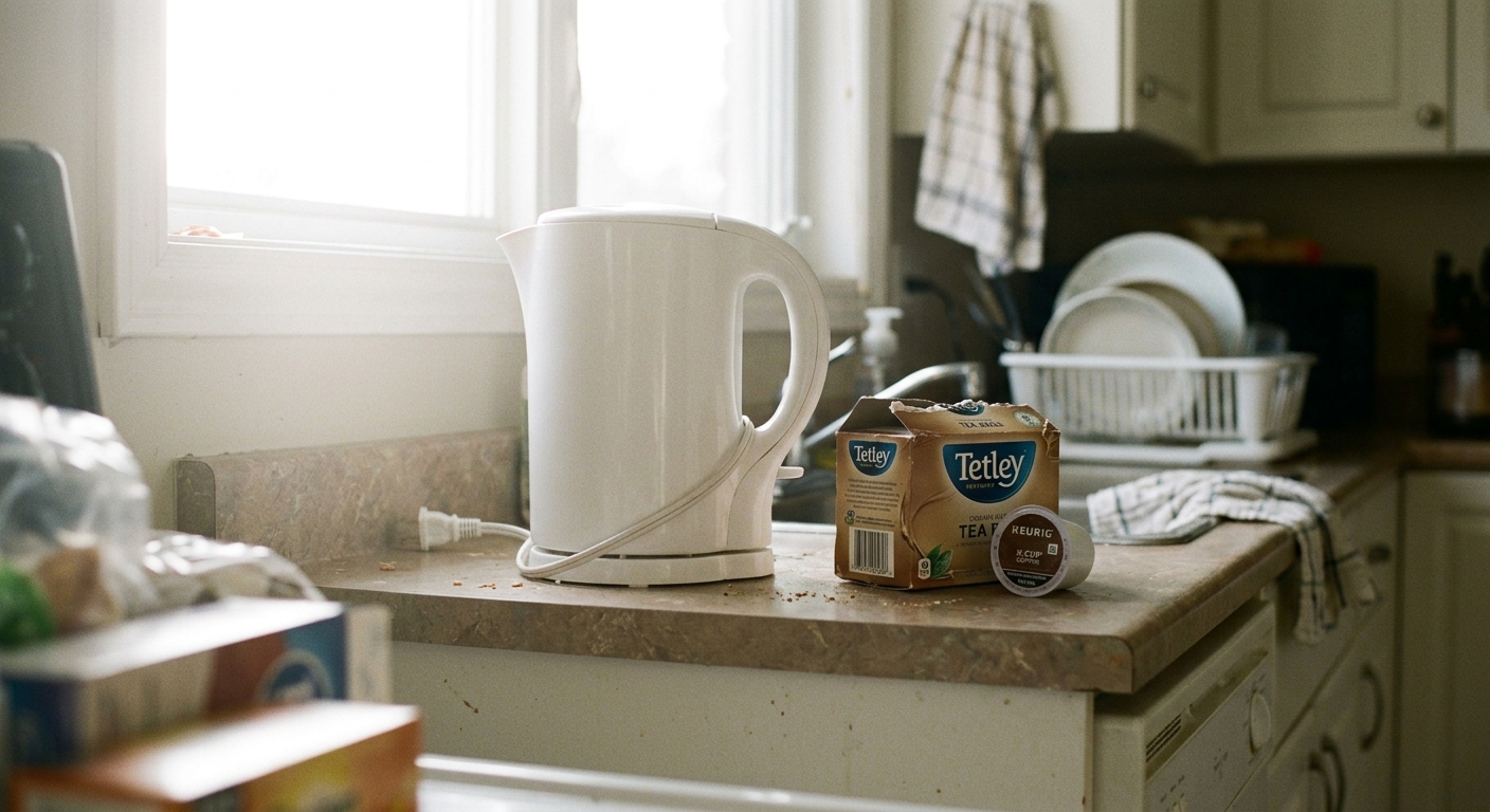 A real kitchen counter, morning light, a standard plastic electric kettle next to a box of standard tea bags and a K-Cup pod, all three items in frame together, medium wide shot, natural window light from the left, slightly overexposed, handheld feel — the three sources visible in one frame, ordinary and threatening. No studio lighting. No styled flat lay. No stock aesthetics.