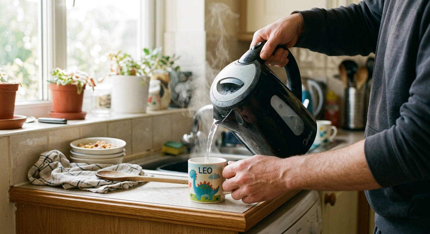 A parent's hands — adult, 30s, no nail polish, natural skin — pouring hot water from a plastic electric kettle into a child's mug on a real home kitchen counter, morning light from a window, medium close-up on the hands and the pour, warm and domestic and quietly alarming. No studio lighting. No posed expressions. No stock aesthetics.