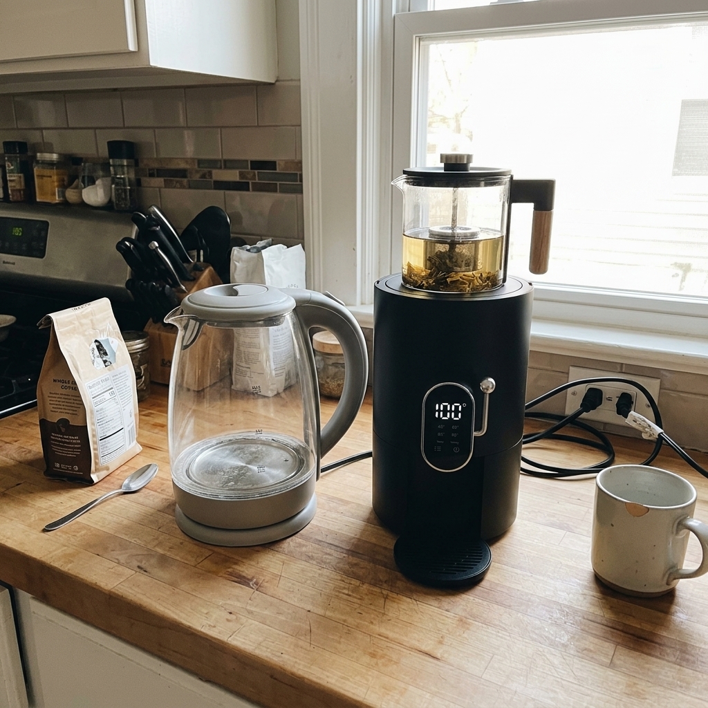 Side-by-side on a real kitchen counter — a basic glass kettle on the left and the Bare Brewer on the right, natural window light, medium wide shot, handheld feel, the difference in build quality visible, warm morning light. No studio lighting. No white background. No product photography aesthetic.