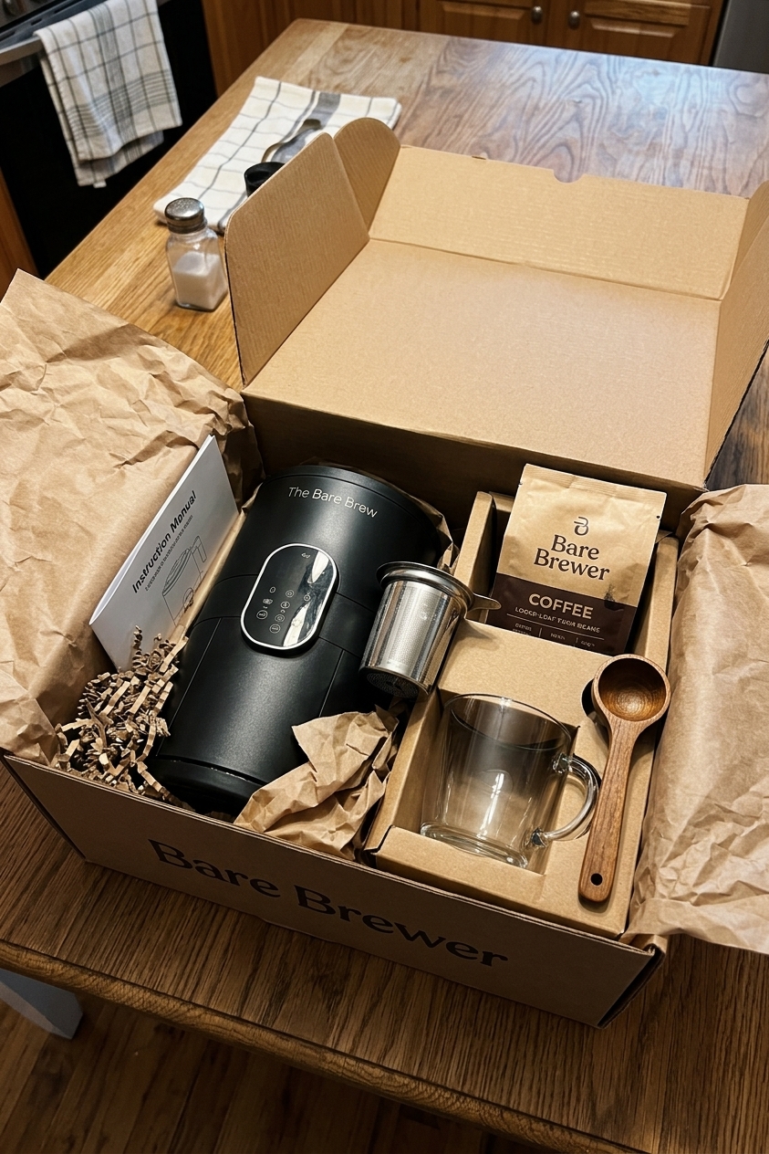 SUBJECT: Bare Brewer unboxing — product in premium packaging, tissue paper, all four gifts visible in the box. ENVIRONMENT: Kitchen table, natural overhead light, real wood surface. LIGHTING: Natural, slightly warm, real shadows. CAMERA: iPhone overhead, slightly off-center. TRUST REGISTER: Looks like a customer's unboxing photo — imperfect, real, not staged. WHAT NOT TO SHOW: No studio lighting. No white backgrounds. No posed models. No professional photography aesthetics.
