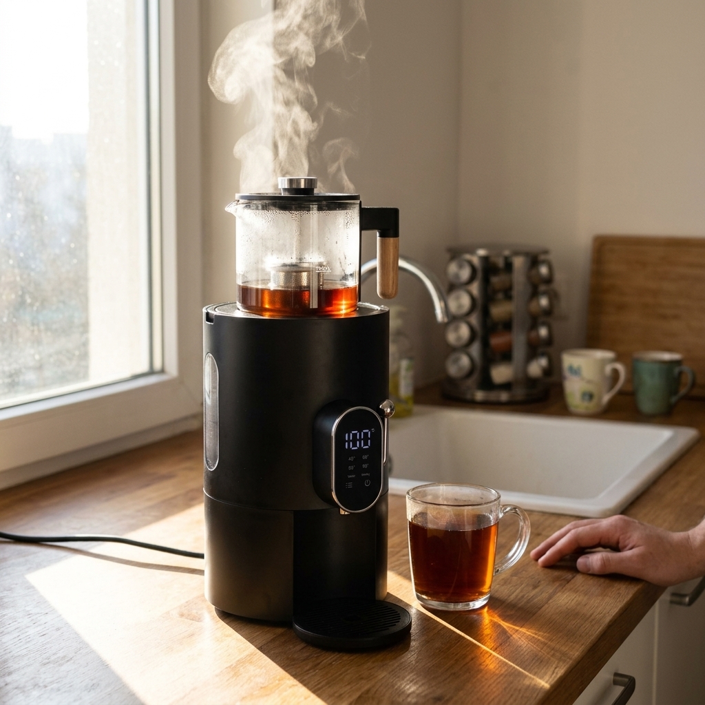 The Bare Brewer on a real apartment kitchen counter, morning light from a window to the left, steam rising from the glass chamber, a glass mug of tea visible beside it, medium wide shot, handheld feel, warm and confident — the feeling of having fixed the problem. No studio lighting. No white background. No commercial product photography aesthetic.