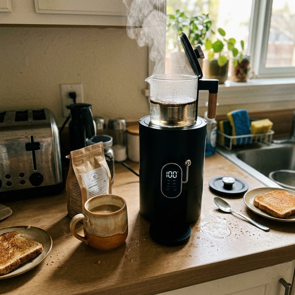 SUBJECT: The Bare Brewer set up and in use on a kitchen counter — glass chamber filled with hot water, steam visible, ceramic mug beside it, morning light. ENVIRONMENT: Real home kitchen, lived-in counter, morning. LIGHTING: Natural window light, warm. CAMERA: iPhone, slightly above, candid. TRUST REGISTER: Looks like someone photographed their new morning routine. WHAT NOT TO SHOW: No studio lighting. No white backgrounds. No posed models. No professional photography aesthetics.