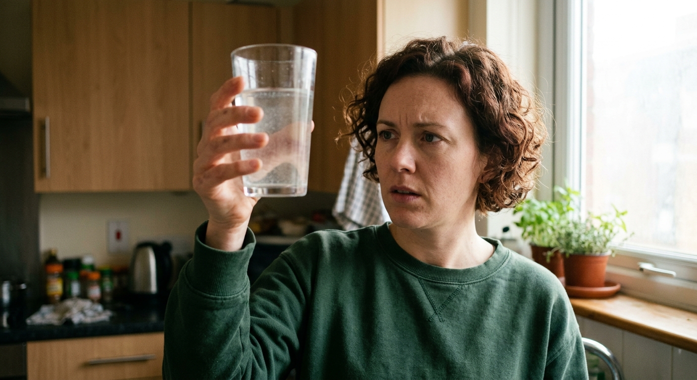 A person in their late 30s holding a glass of water up to natural window light in a real apartment, examining it, medium close-up on the face and glass, natural light from the right, slightly overexposed, contemplative and unsettled expression — the moment of realization. No studio lighting. No posed expressions. No stock aesthetics.