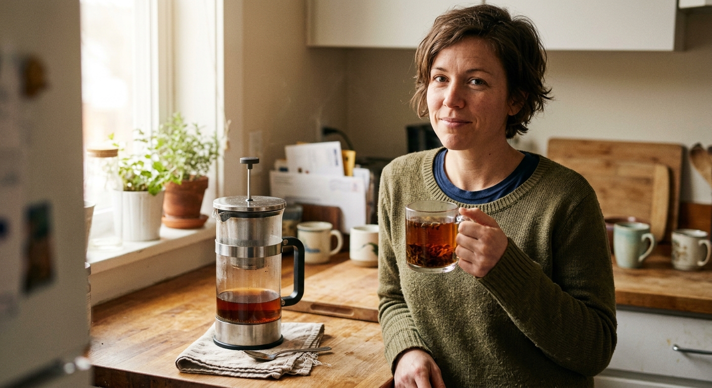 A person in their mid-30s, relaxed and confident, holding a glass mug of tea brewed in a glass and stainless steel brewing station on a real home kitchen counter, morning light from a window, medium close-up, warm and assured — the feeling of having fixed something others have not noticed yet. No studio lighting. No posed commercial smile. No stock aesthetics.